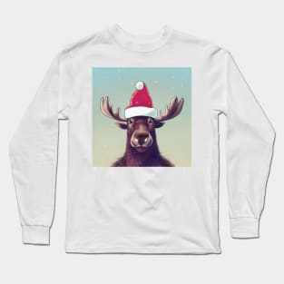 Cute moose - Christmas Moose in the snow with a santa hat Long Sleeve T-Shirt